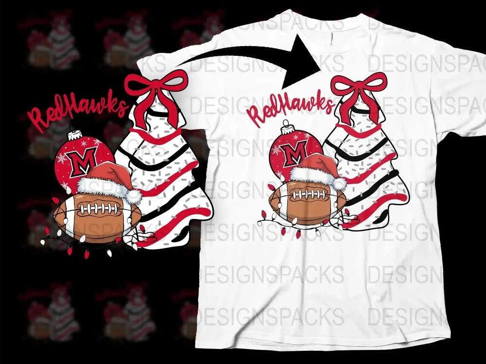 RedHawks Football Christmas T-Shirt, Festive Holiday Sports Tee, Striped Sleeves, Gift for Fans