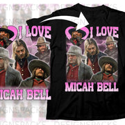 Black t-shirt with "I Love Micah Bell" graphic featuring multiple character portraits.