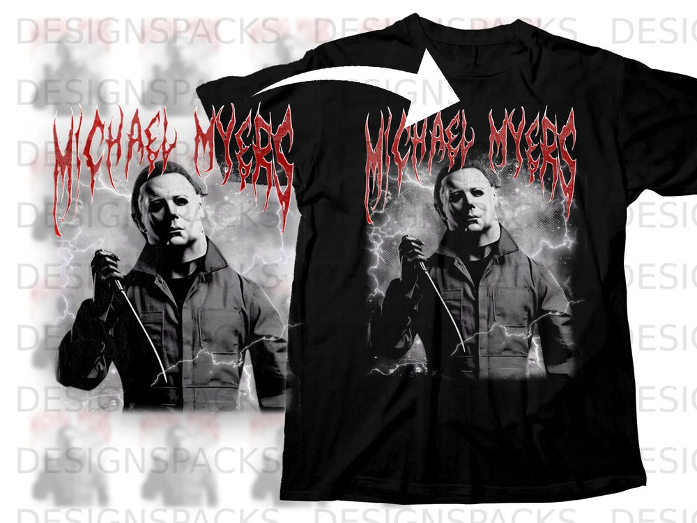Black t-shirt featuring Michael Myers with bloody text and lightning background.