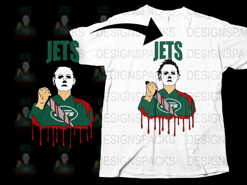 Michael Myers in Jets jersey with knife, horror-themed t-shirt design