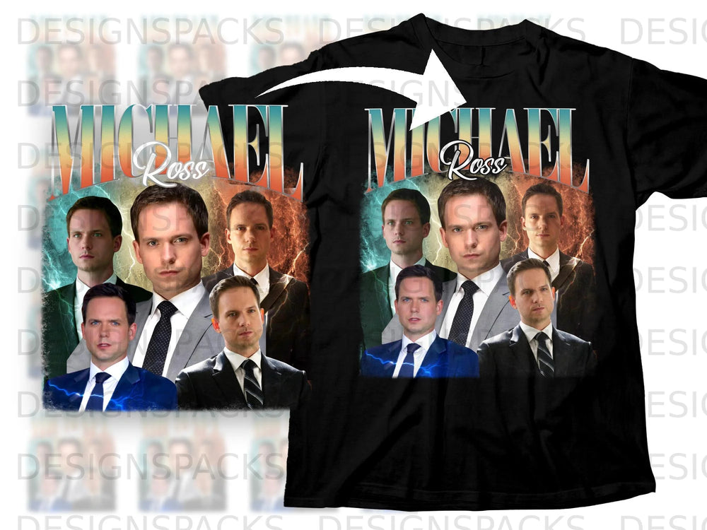 Black t-shirt with "MICHAEL Ross" and collage of men in suits.