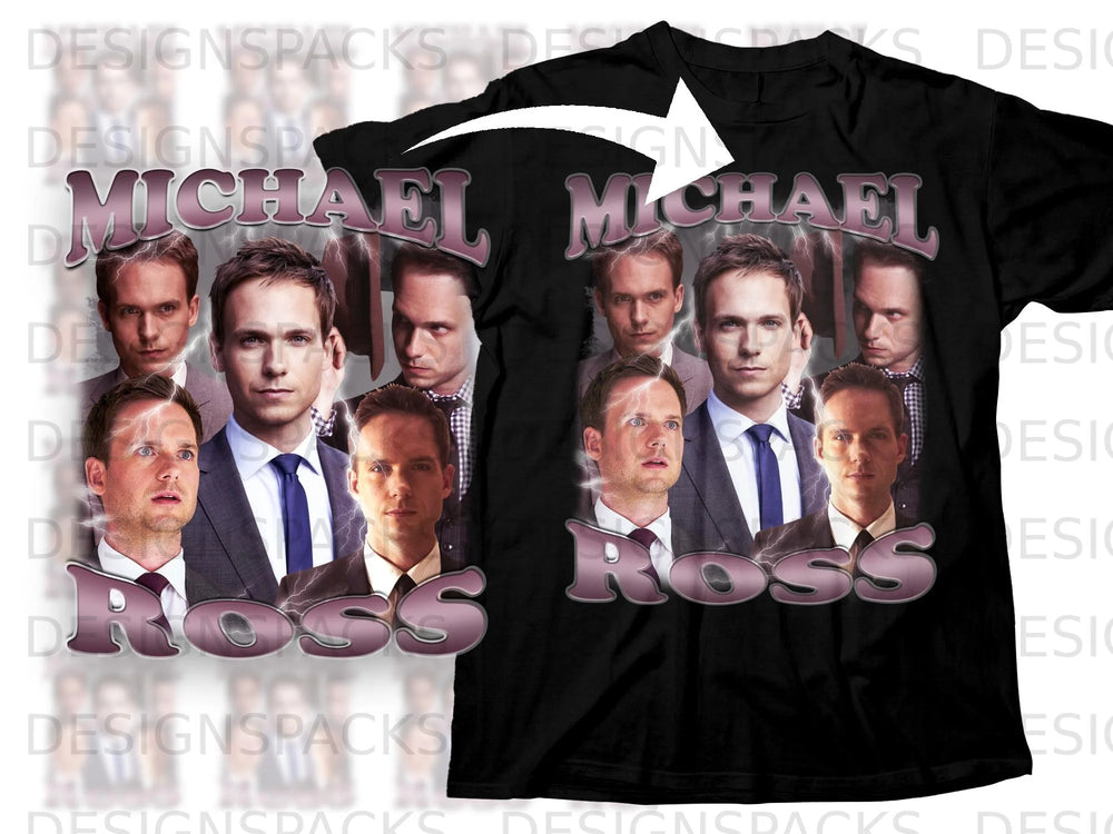 Black t-shirt with "Michael Ross" text and collage of men's portraits.