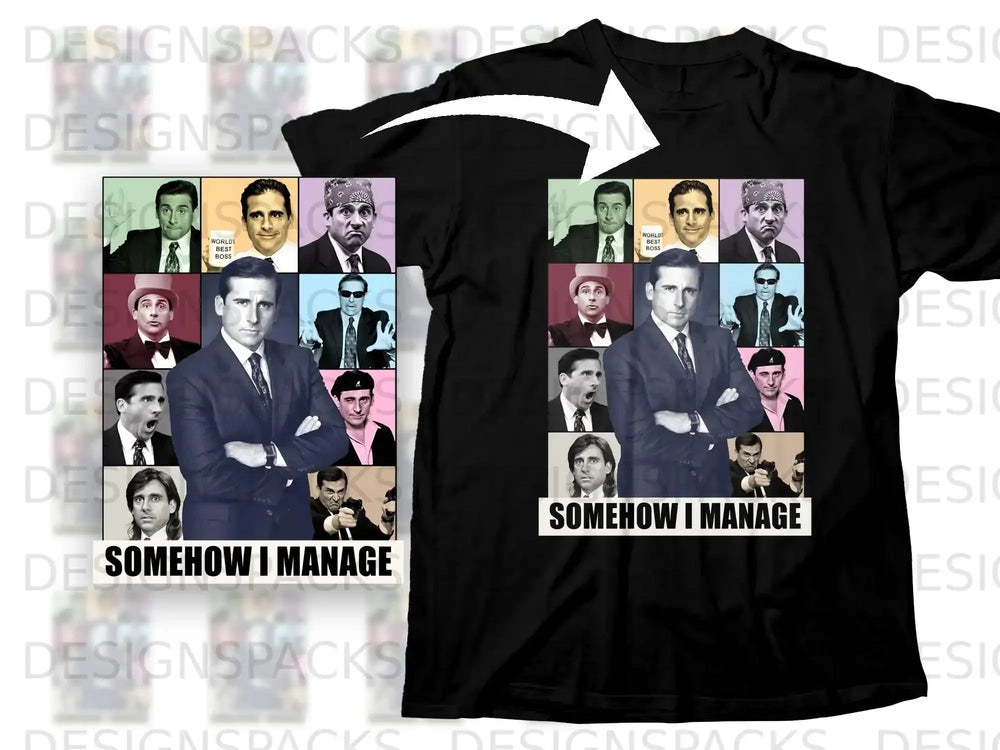 Black t-shirt with Michael Scott collage and "Somehow I Manage" text.