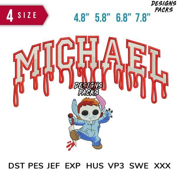 Michael dripping text with cartoon character, embroidery design in DST PES formats