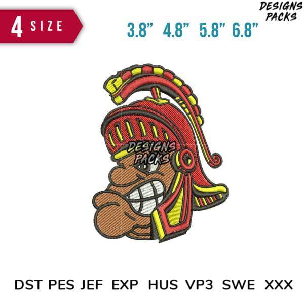 Embroidery design of a red and yellow Aztec warrior helmet with 4 size options for instant download