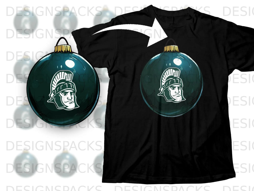 Black t-shirt featuring a green ornament with a Spartan helmet logo.