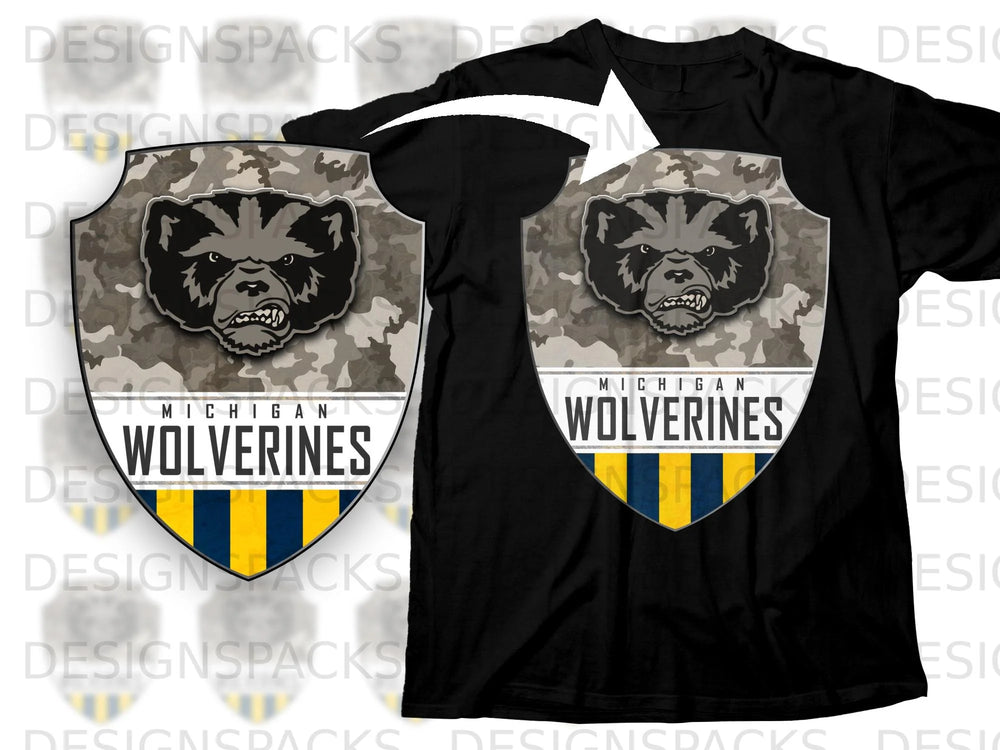 Black t-shirt with Michigan Wolverines badger logo and camouflage shield design.