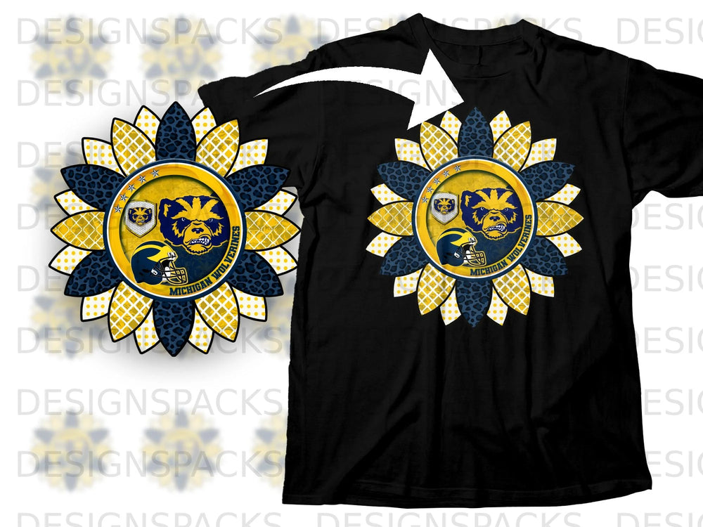 Michigan Wolverines sunflower graphic with mascot and helmet on black t-shirt.