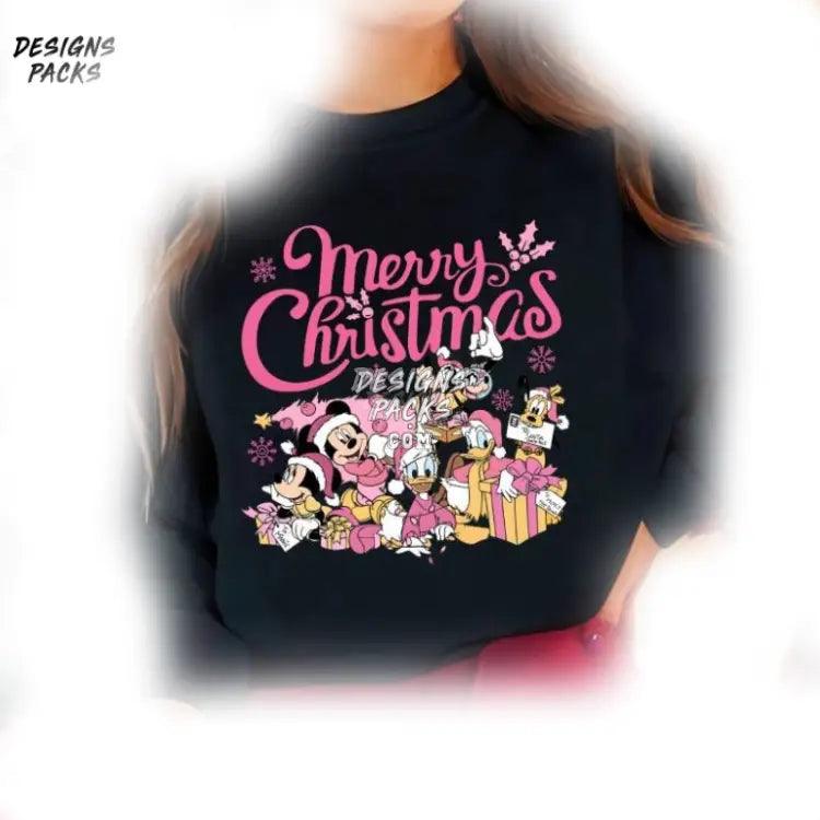 Mickey And Friends Xmas Party Pink Cartoon Merry Christmas Hoodie Png Design