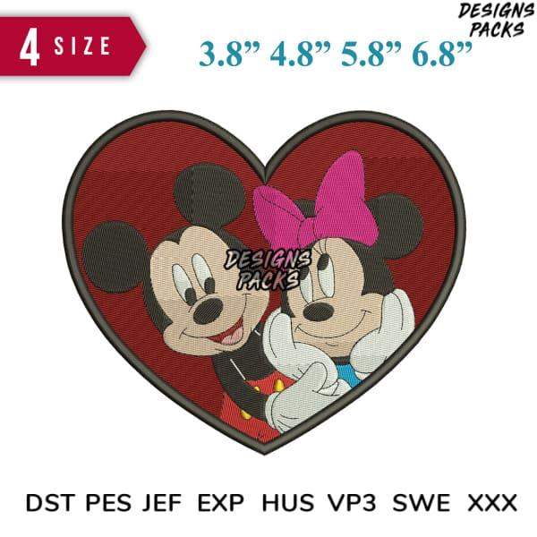 Mickey and Minnie Mouse heart embroidery design in 4 sizes, compatible with DST PES JEF formats for instant download.