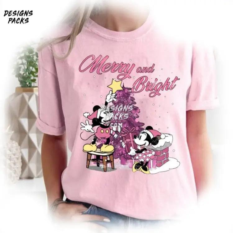 Mickey And Minnie Merry And Bright Hoodie Cartoon Pink Xmas Party Png Design