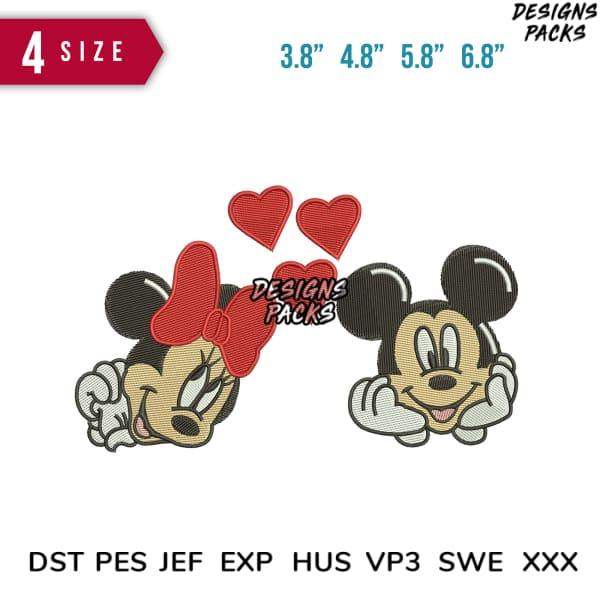 Mickey and Minnie Mouse embroidery designs with hearts, available in 4 sizes and multiple file formats