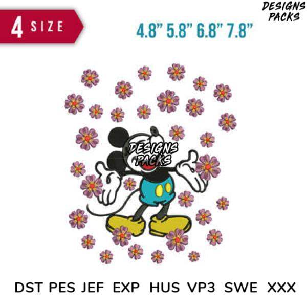 Mickey Mouse surrounded by purple flowers, available in multiple sizes and embroidery formats.