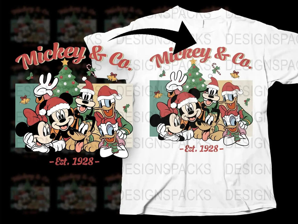 Vintage Mickey and Co Christmas T-Shirt, Disney Holiday Tee, Retro 1928 Cartoon Characters, Festive Family Apparel