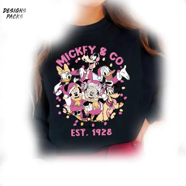 Mickey & Co Est. 1928 And Friends Christmas Hoodie Cartoon Pink Png Design