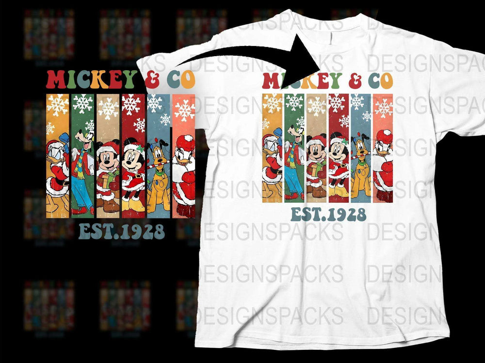 Mickey and Co Christmas Themed T-Shirt, Vintage Cartoon Characters, Holiday Apparel, Unisex Disney Inspired Tee, Est. 1928 Design