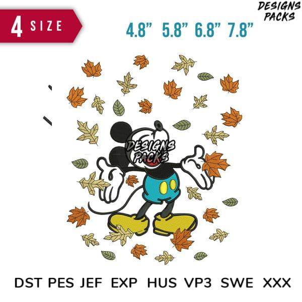 Mickey Mouse autumn leaves embroidery design in multiple sizes and formats