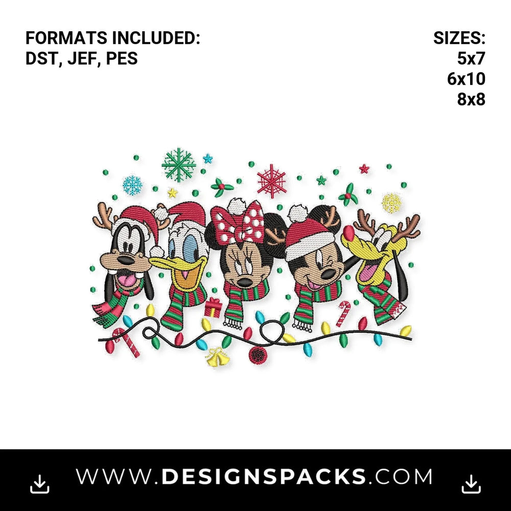 Mickey & Friends Christmas Lights Embroidery Design - Instant digital download pattern at Designspacks.com