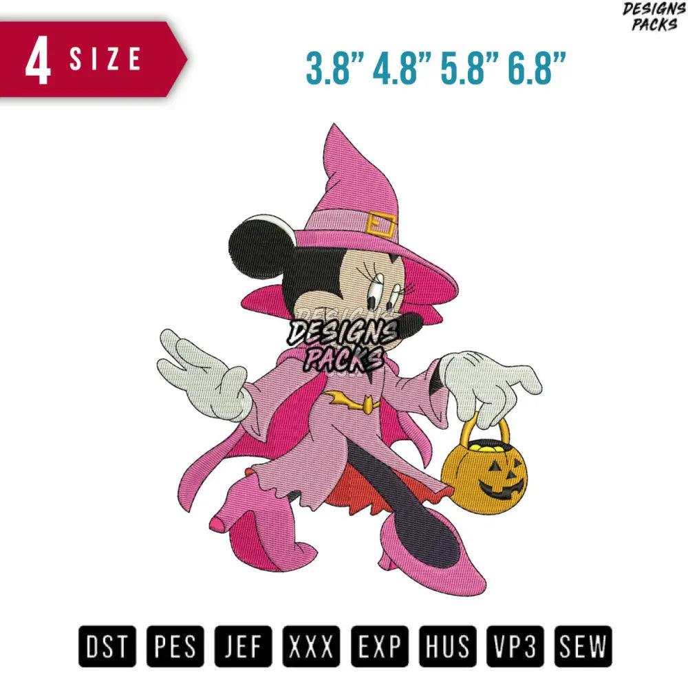 Mickey Minnie Witch Pink Halloween Pumpkin Embroidery Design