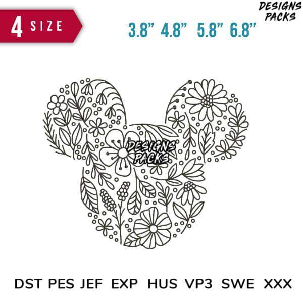 Floral Mickey Mouse head embroidery design in 4 sizes, compatible with DST PES JEF formats for instant download.
