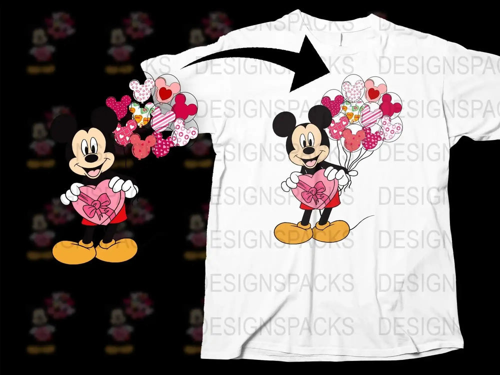Mickey Mouse holding heart gift and balloons, print-ready design for t-shirts