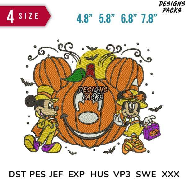 Halloween pumpkin embroidery design with Mickey & Minnie Mouse in witch hats, bats, and swirls, available in multiple sizes and formats