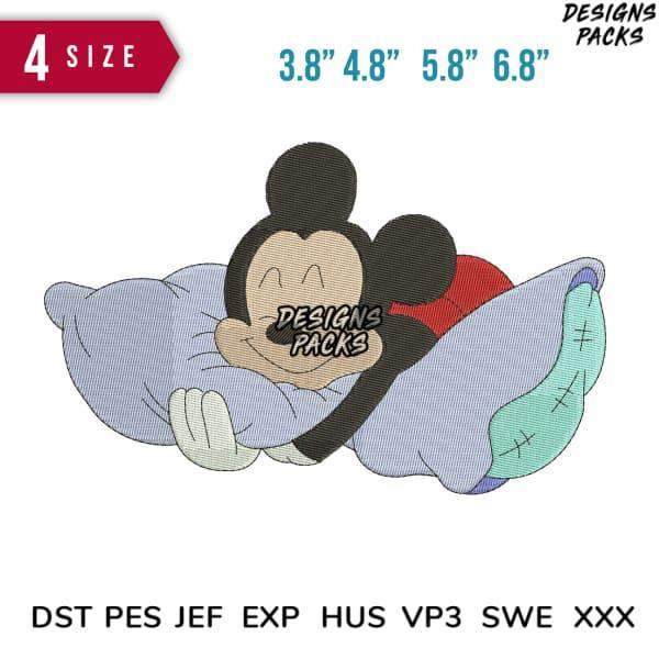 Mickey Mouse sleeping on pillow, embroidery design in DST PES formats, 4 sizes available