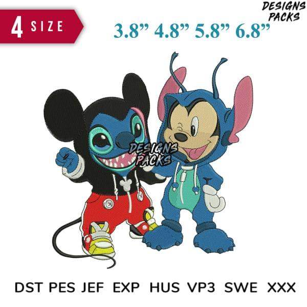 Stitch & Mickey Mouse embroidery design in 4 sizes, DTF/DTG print-ready, PES/DST formats