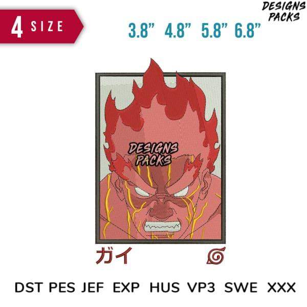 Angry anime character with red flames, embroidery design in DST PES formats, 4 sizes available