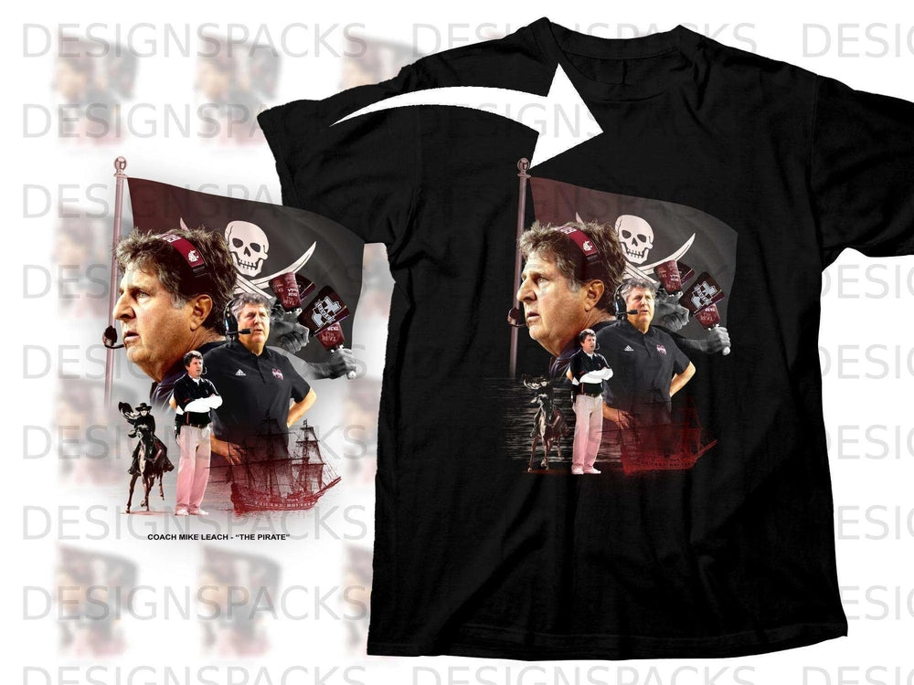 Coach Mike Leach "The Pirate" graphic on a black t-shirt.