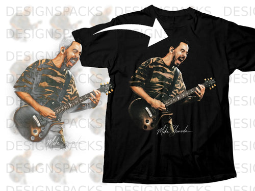 Black t-shirt featuring a printed illustration of Mike Shinoda playing guitar, signed 