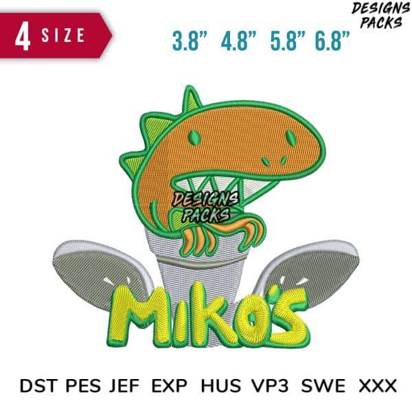 Dinosaur embroidery design with 'Miko's' text, 4 sizes, PES DST JEF formats for machine embroidery