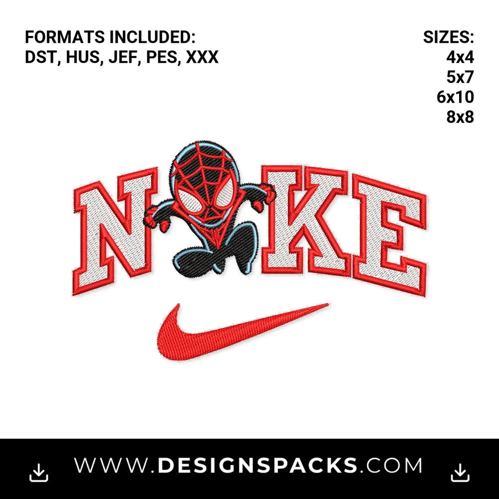 Miles Morales Spider-Man Nike Swoosh Embroidery Design - Instant digital download pattern at Designspacks.com