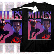 Black t-shirt with "MILES MORALES" and two images of Spider-Man.