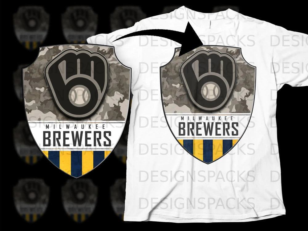 Milwaukee Brewers logo with camouflage background on a white t-shirt.