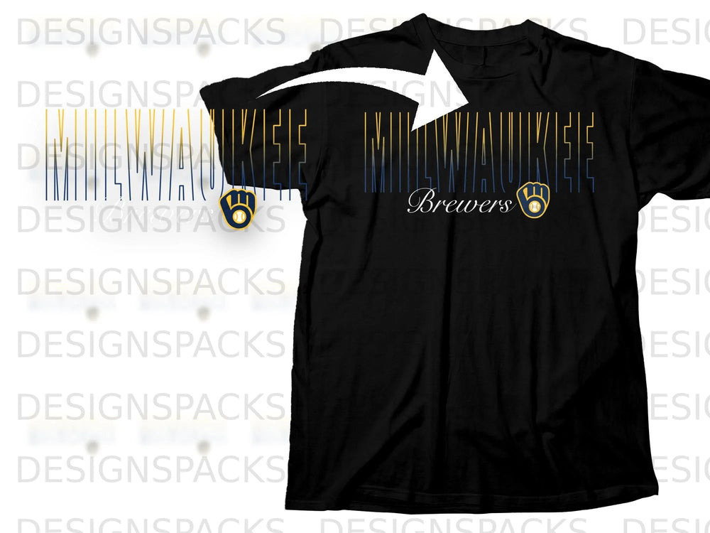 Black t-shirt with outlined "Milwaukee Brewers" text and glove logo.
