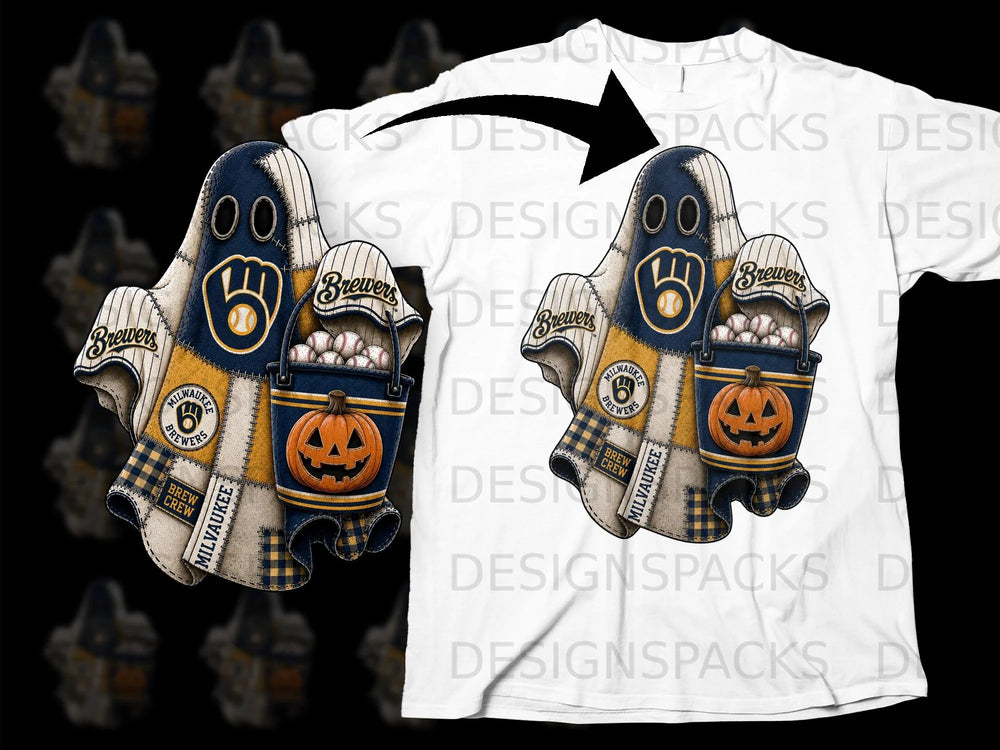 Halloween ghost with Brewers logo, baseballs, and pumpkin on a white shirt.