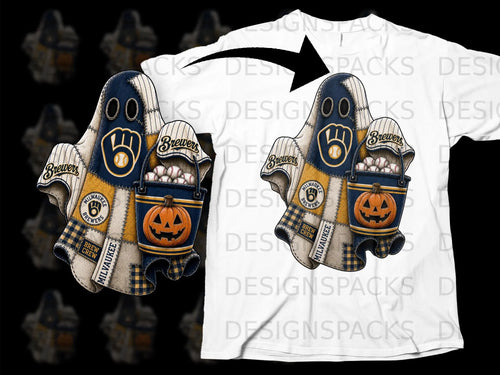 Halloween ghost with Brewers logo, baseballs, and pumpkin on a white shirt.