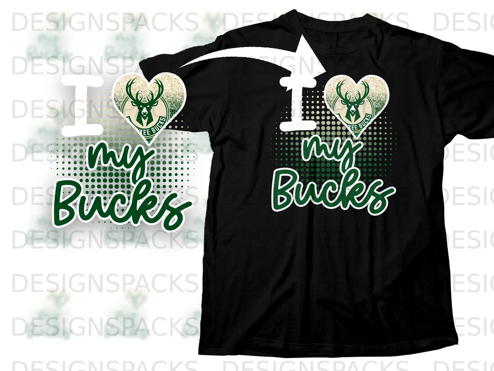 Black shirt features "I Heart My Bucks" with deer logo and glitter accents.