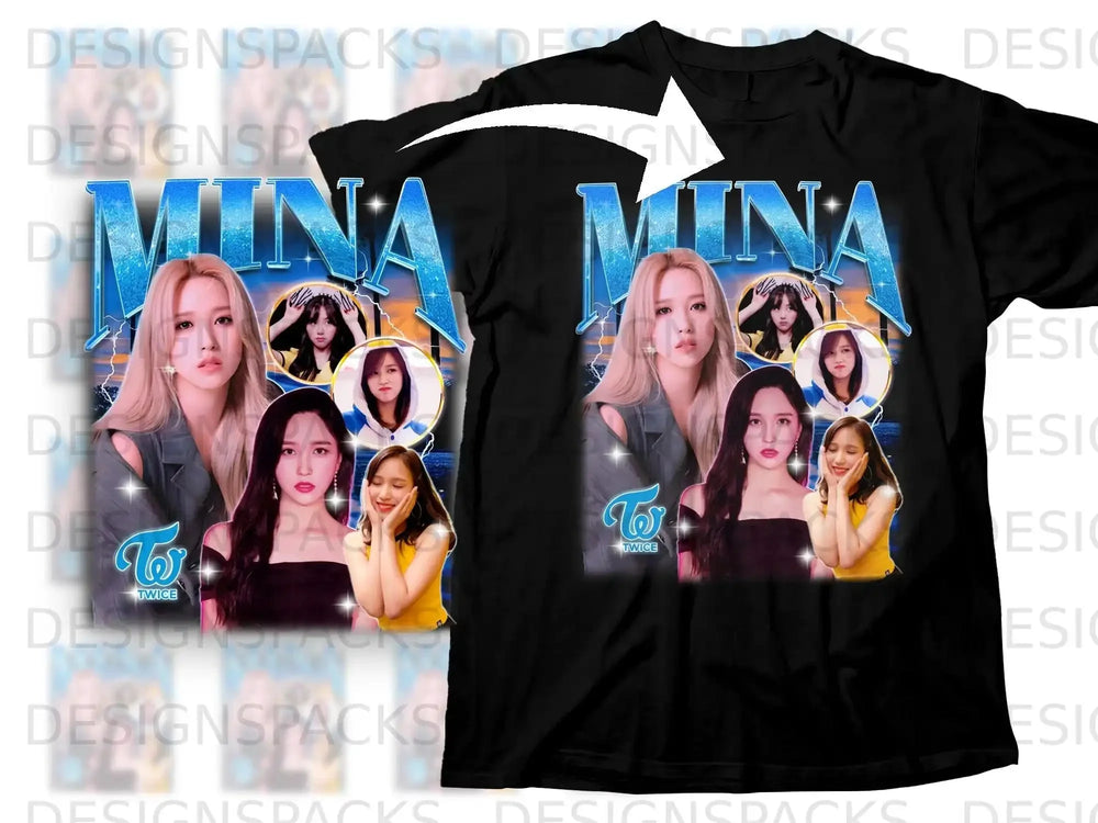 Mina from Twice on a black t-shirt with vintage-style collage graphics.