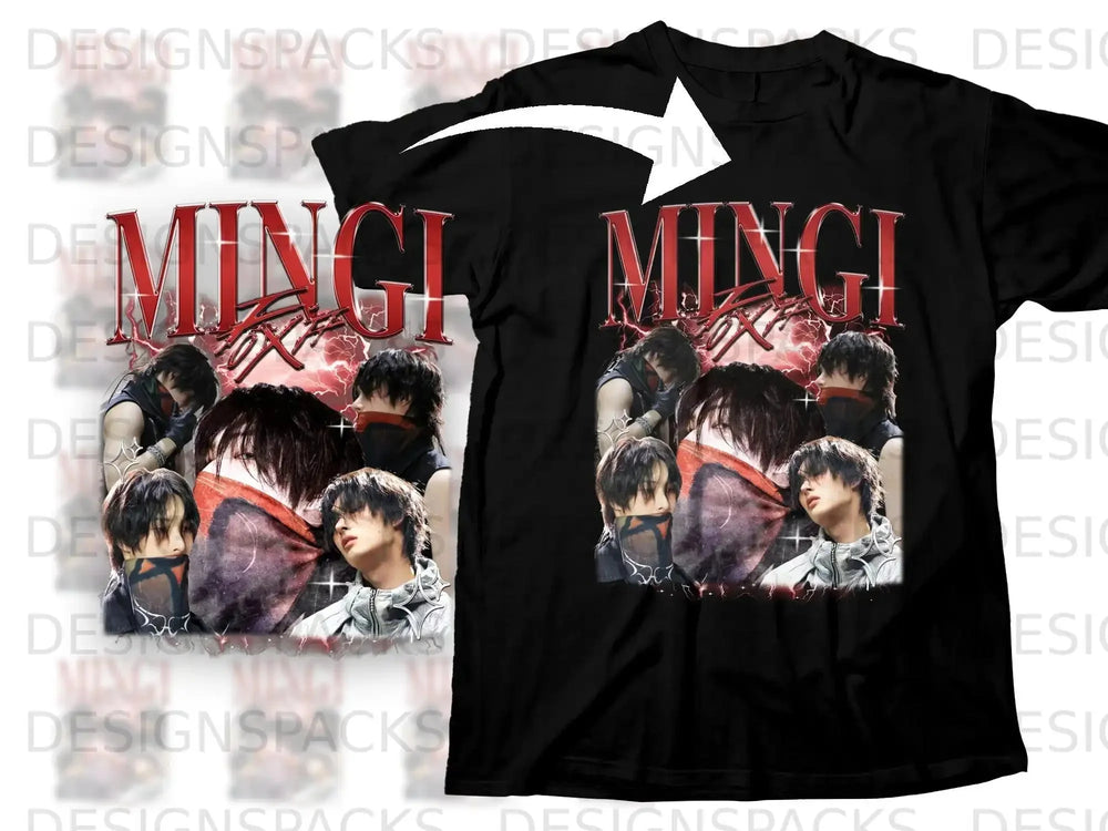 Black t-shirt featuring collage of Mingi with red lightning background.