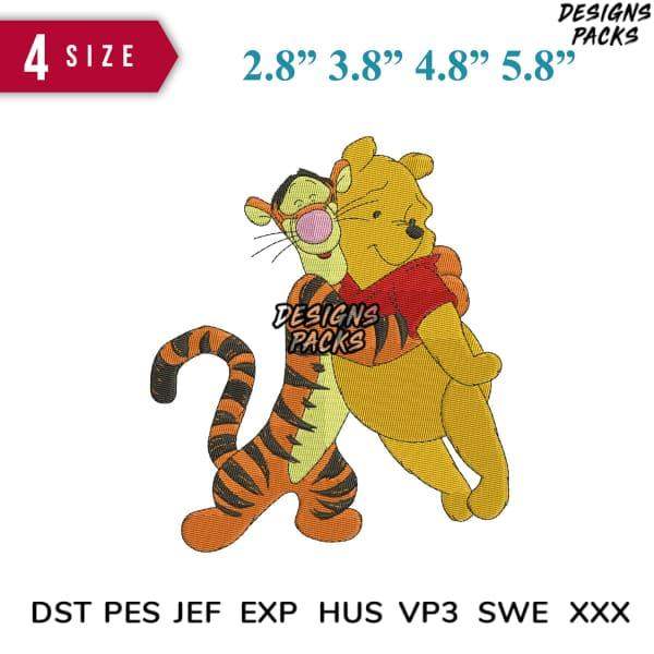 Winnie the Pooh and Tigger embroidery design in multiple sizes, compatible with DST PES JEF formats