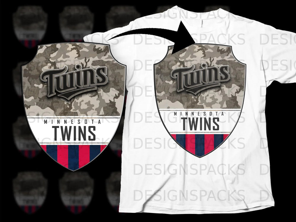 Minnesota Twins camouflage shield logo on a white t-shirt.