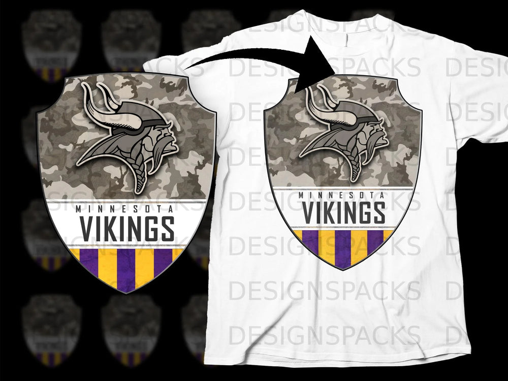 Minnesota Vikings logo on a camouflage shield displayed on a white t-shirt.