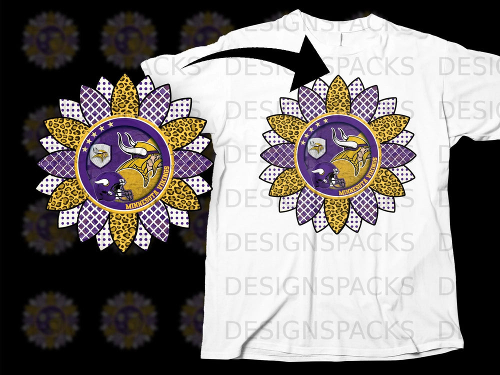 Minnesota Vikings logo within a sunflower design with leopard and purple patterned petals.