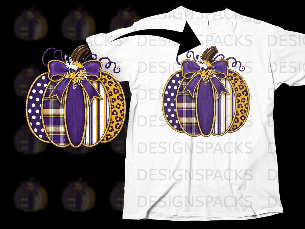 Pumpkin design with Vikings logo and purple, gold, and plaid patterns.