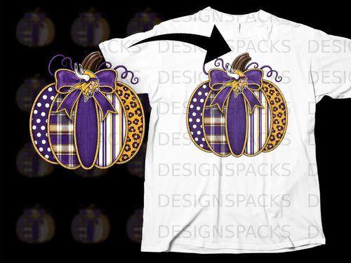 Pumpkin design with Vikings logo and purple, gold, and plaid patterns.