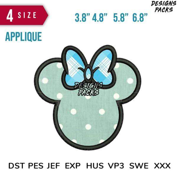 Mickey Mouse head applique with blue plaid bow, polka dot mint background, 4 sizes, embroidery formats