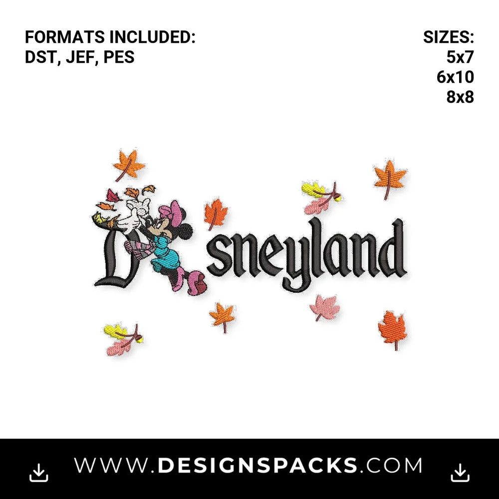 Minnie Mouse Disneyland Autumn Leaves Embroidery Design - Instant digital download pattern at Designspacks.com