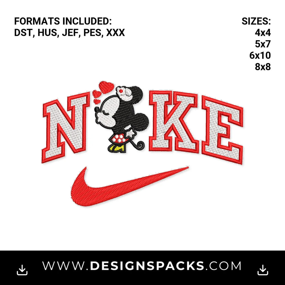 Minnie Mouse Kissing Swoosh Logo Embroidery Design - Instant digital download pattern at Designspacks.com